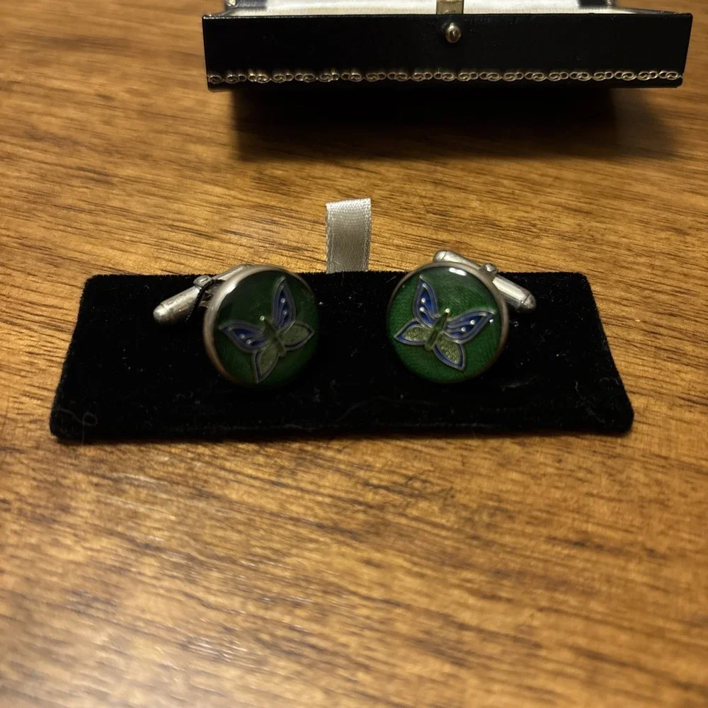 Liberty Of London Green Enamel Butterfly Sterling Silver Cufflinks Vintage 925